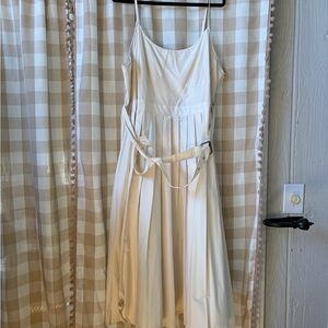 Cream Spaghetti-Strap Midi Dress with Pleated Skirt and Waist Tie